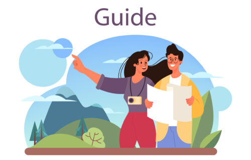 Tour vacation guide concept. Tourists listening to the history of the city and attractions. Tour entertainment. Idea of traveling and learning. Isolated vector illustration