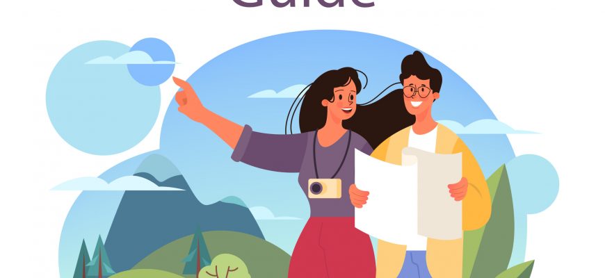 Tour vacation guide concept. Tourists listening to the history of the city and attractions. Tour entertainment. Idea of traveling and learning. Isolated vector illustration